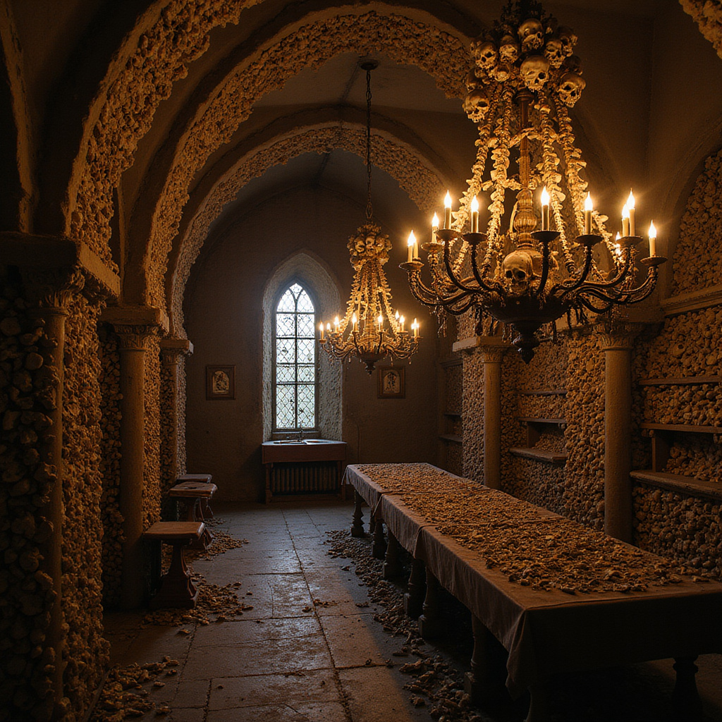 Wnętrze Kaplicy Czaszek w Sedlcu, unikalne dzieło sztuki z ludzkich kości, mroczna atmosfera