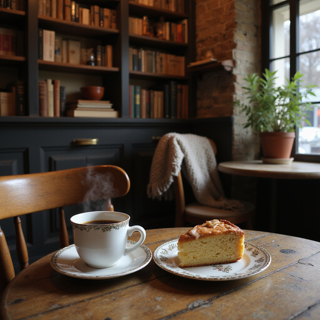 Wnętrze klimatycznej kawiarni w Lille z książkami i świeżym ciastem