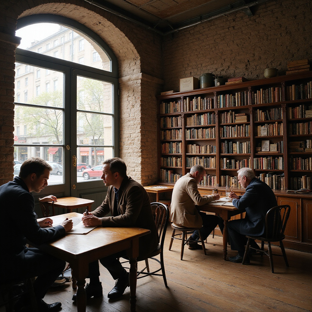Wnętrze historycznej kawiarni w Dzielnicy Łacińskiej, stoliki, książki, atmosfera intelektualna