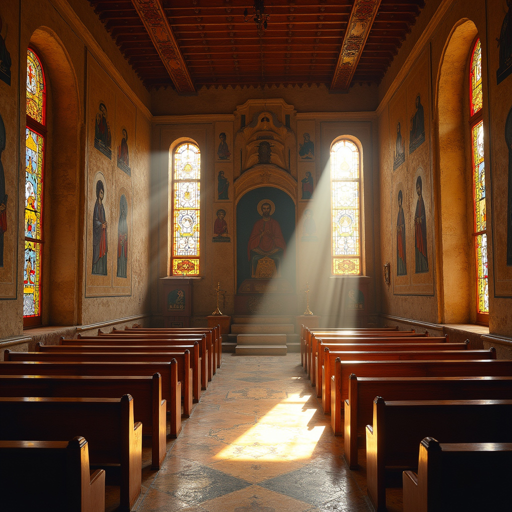 Wnętrze Kościoła Wiszącego z ikonami koptyjskimi i drewnianymi elementami