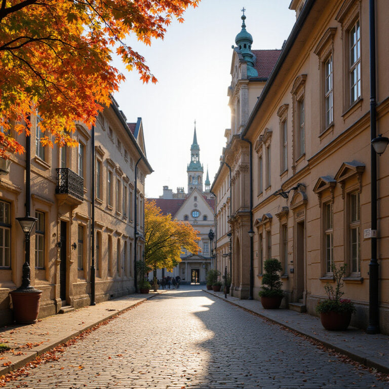 Ulica w Olomoucu z widokiem na zabytkowe budynki uniwersyteckie, architektura barokowa, miasto akademickie