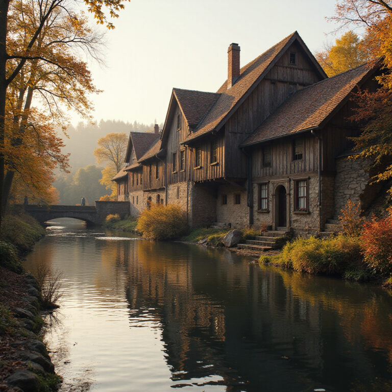 Zabytkowe spichlerze Kuldīgi nad rzeką Venta, drewniane budynki z charakterystycznymi dachami