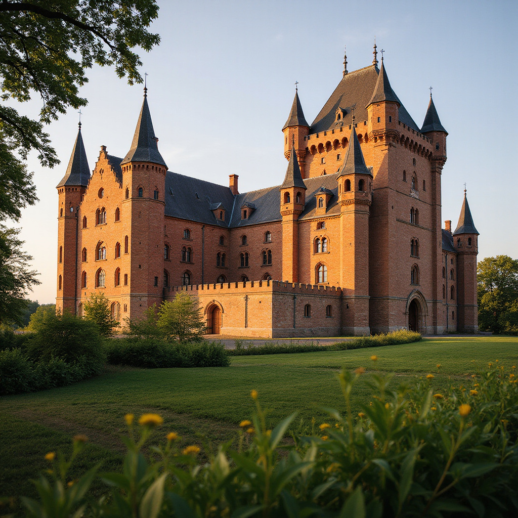 Widok na Zamek Malbork, największą ceglaną twierdzę na świecie, otoczoną zielenią
