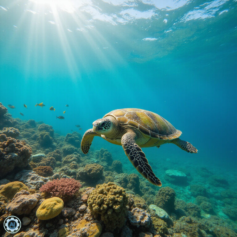 Żółw morski wśród rafy koralowej w Watamu Marine Park, Kenia