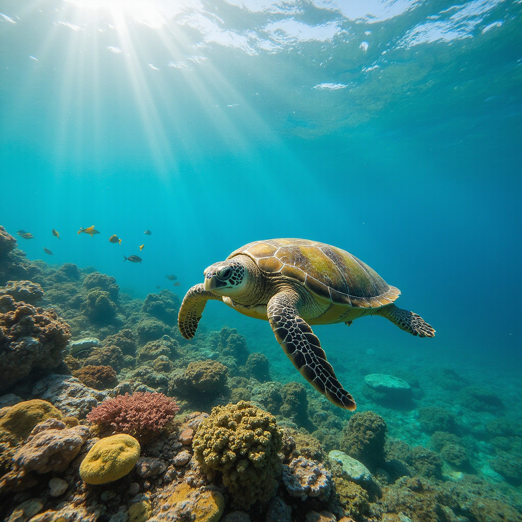 Żółw morski wśród rafy koralowej w Watamu Marine Park, Kenia
