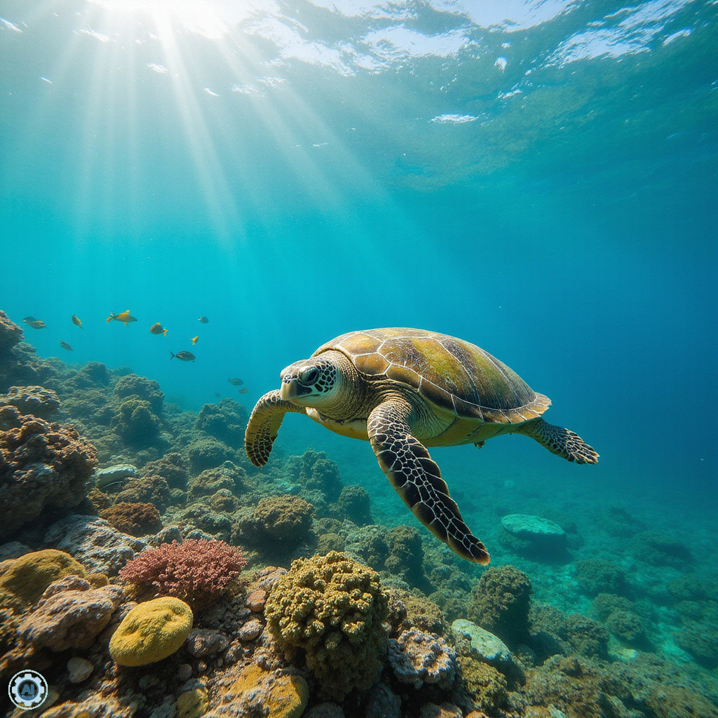 Żółw morski wśród rafy koralowej w Watamu Marine Park, Kenia