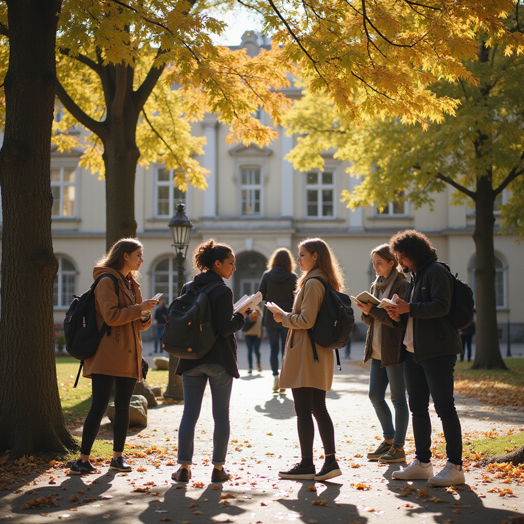 Studenci na dziedzińcu Uniwersytetu Palackiego, życie studenckie, międzynarodowa społeczność
