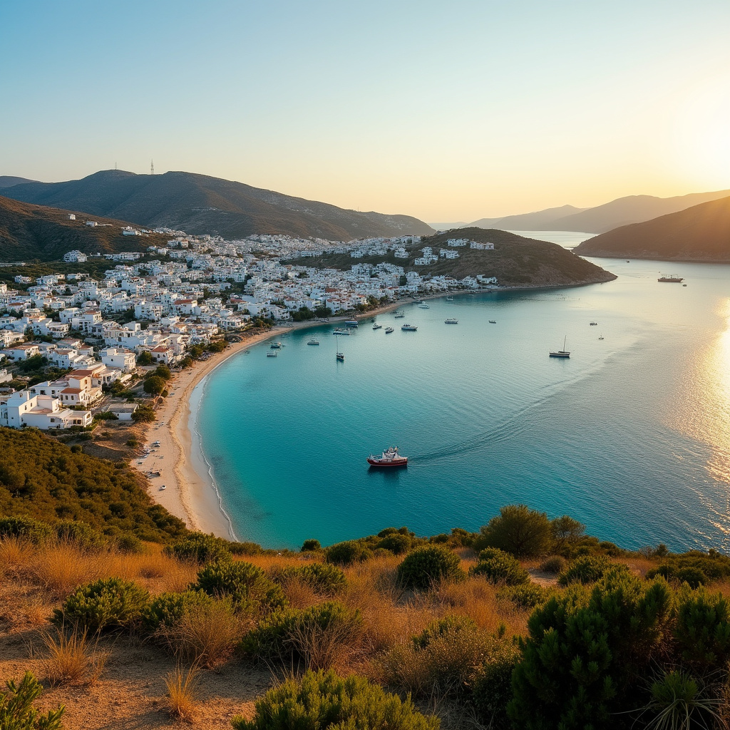 Widok na białą zabudowę Patmos z zatoką i łodziami rybackimi