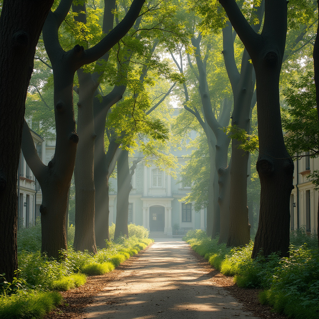 Park Źródliska w Łodzi – alejka wśród starych drzew i zabytkowych budynków