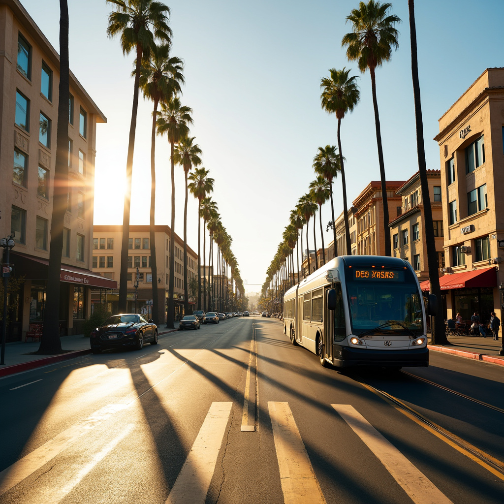 ulica w Los Angeles z autobusem miejskim i palmami w tle