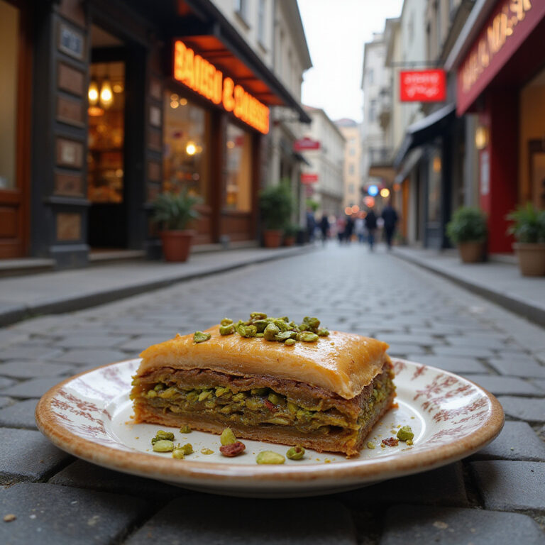 Baklava turecka z pistacjami na tle uliczki w Stambule