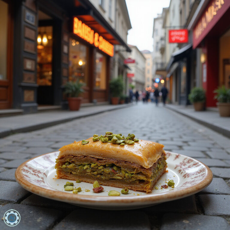 Baklava turecka z pistacjami na tle uliczki w Stambule