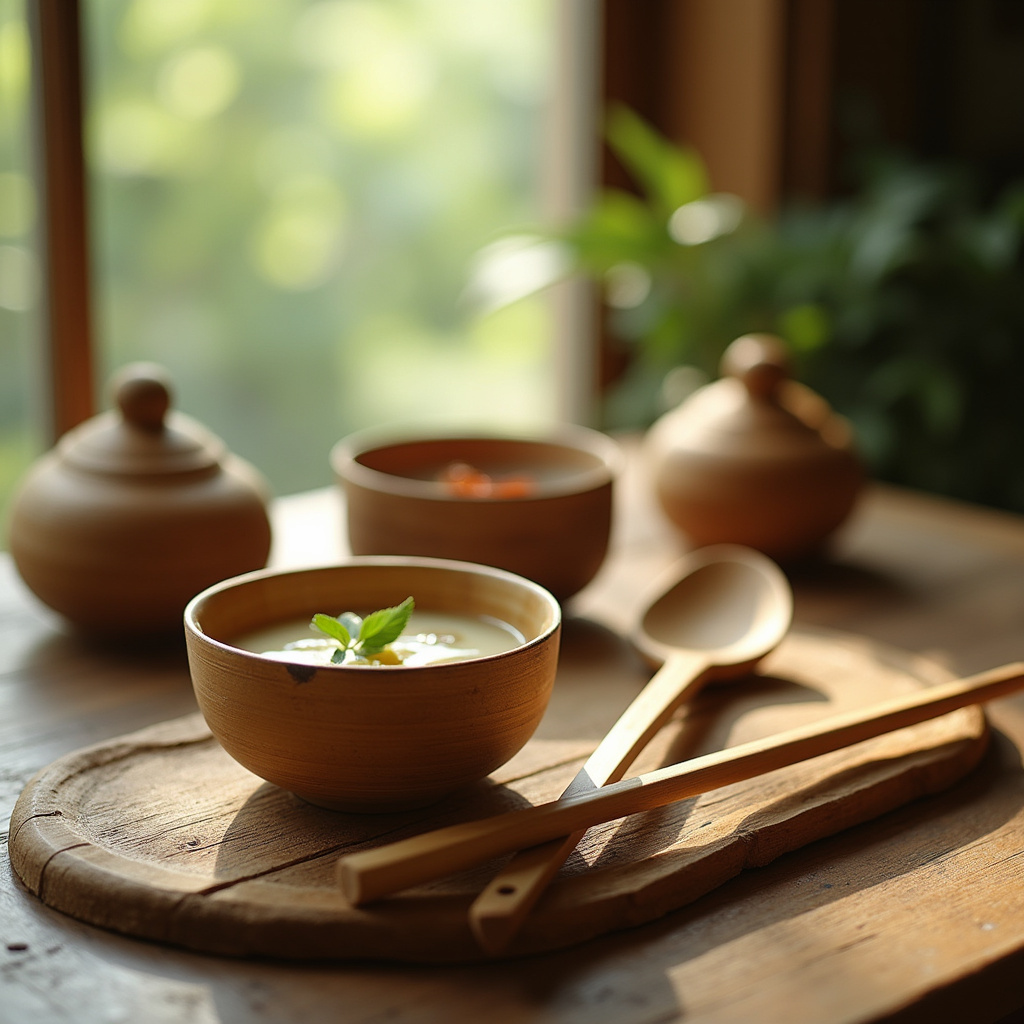 Tradycyjne bambusowe naczynia ustawione na drewnianym stole