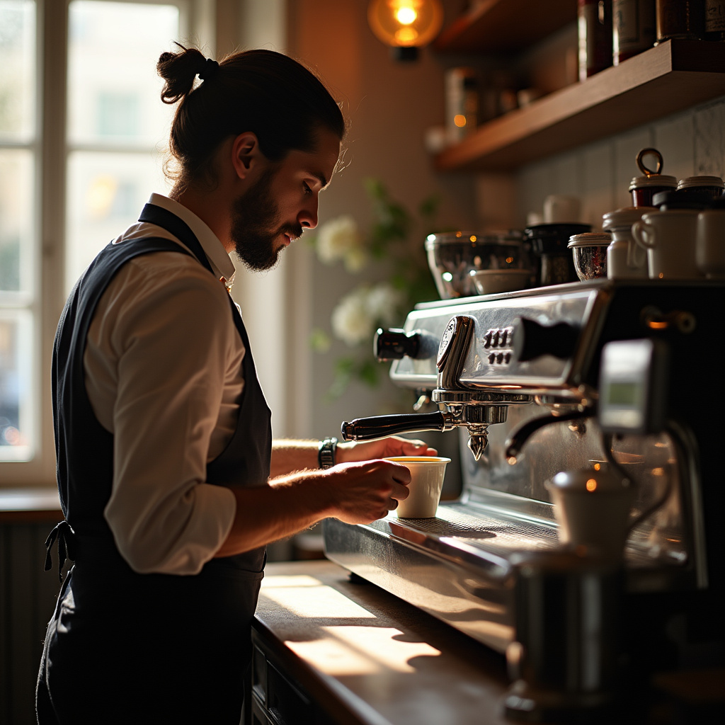 Barista przygotowujący aromatyczne espresso w małej rzymskiej kawiarni