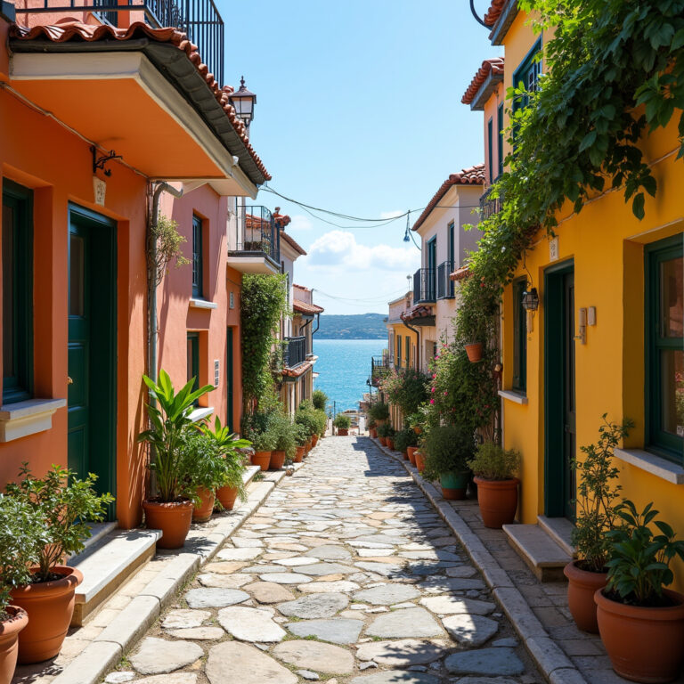 Brukowana uliczka w Ano Poli Patras z kolorowymi domami i widokiem na morze