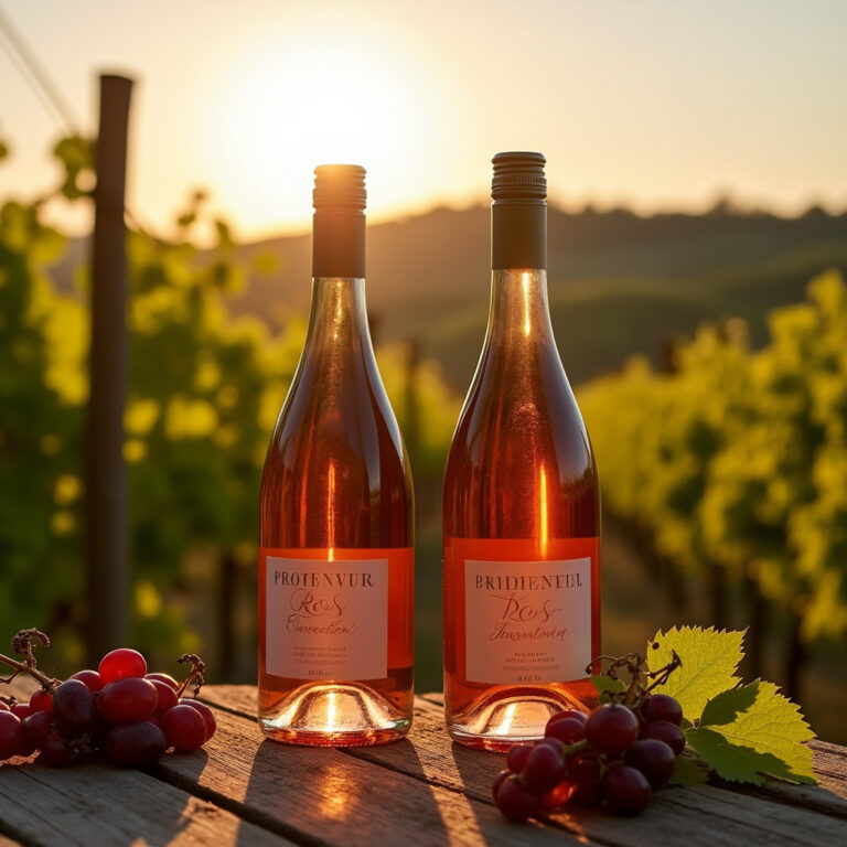 Butelki różowego wina Prowansji na tle winnicy z winogronami