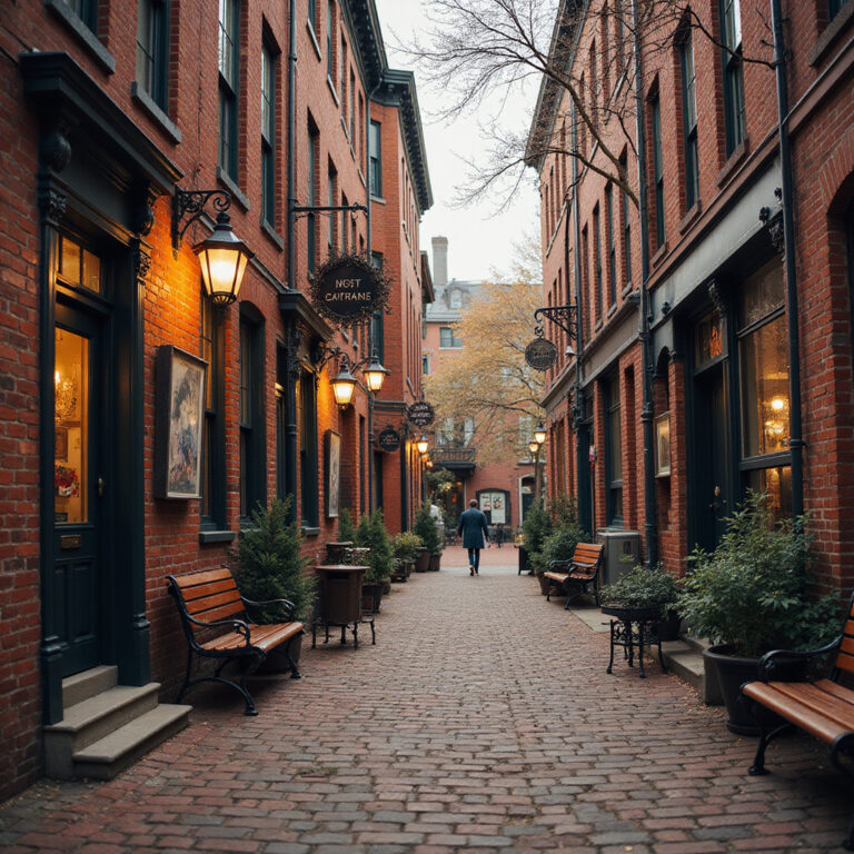 Ulica w Bostonie z ceglanymi fasadami i latarniami gazowymi