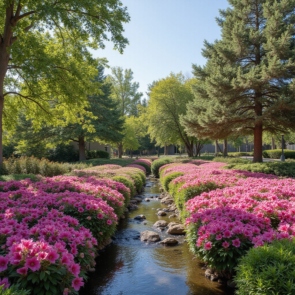 Central Garden w Getty Center z kwitnącymi azaliami i strumieniem, ogrody Roberta Irwina