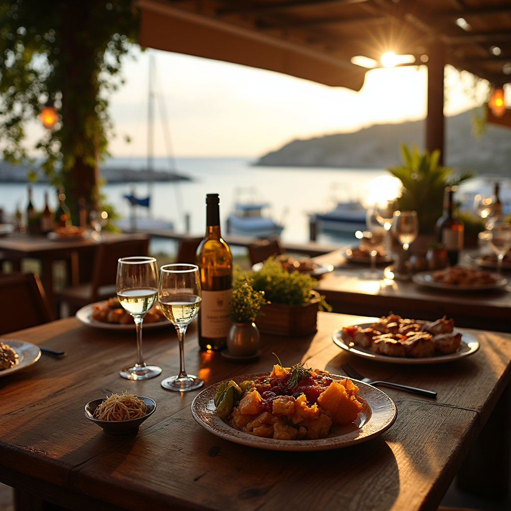 Stół z cypryjskimi winami i lokalnymi przysmakami w tawernie przy porcie