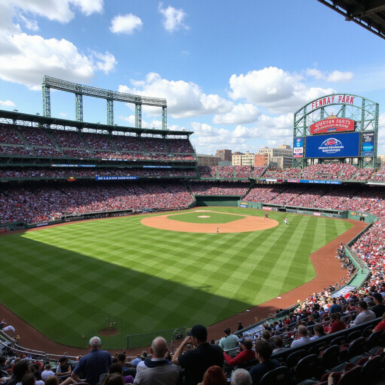 Widok na Fenway Park z zielonym polem i trybunami w tle, słynny stadion baseballowy w Bostonie
