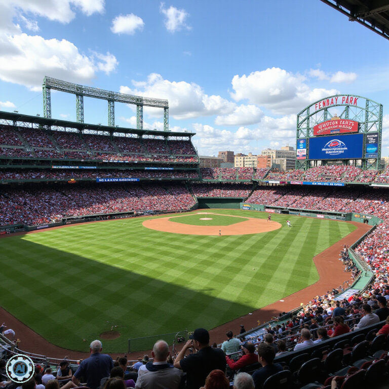 Widok na Fenway Park z zielonym polem i trybunami w tle, słynny stadion baseballowy w Bostonie