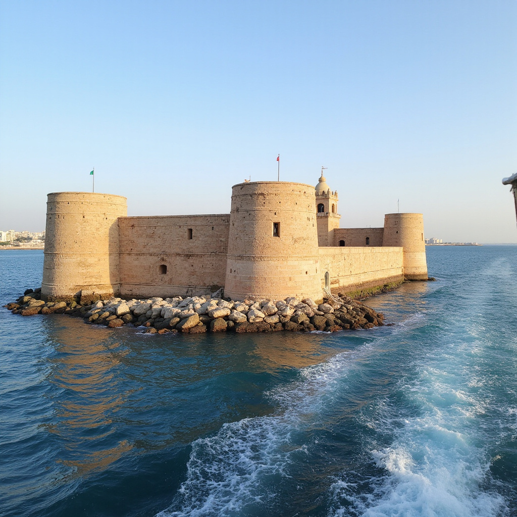 Widok na Fort Qaitbay w Aleksandrii z perspektywy morza, zabytki Aleksandrii