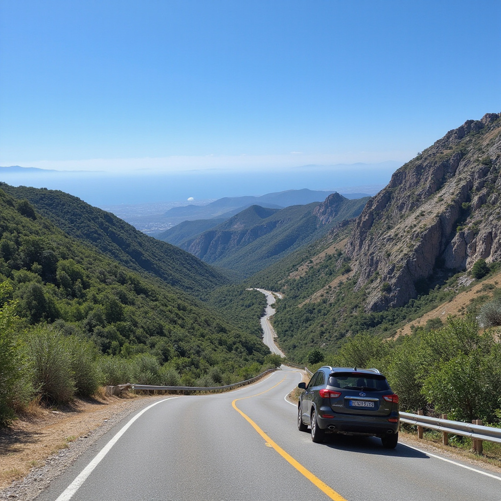 widok na górską drogę w Troodos z samochodem na pierwszym planie