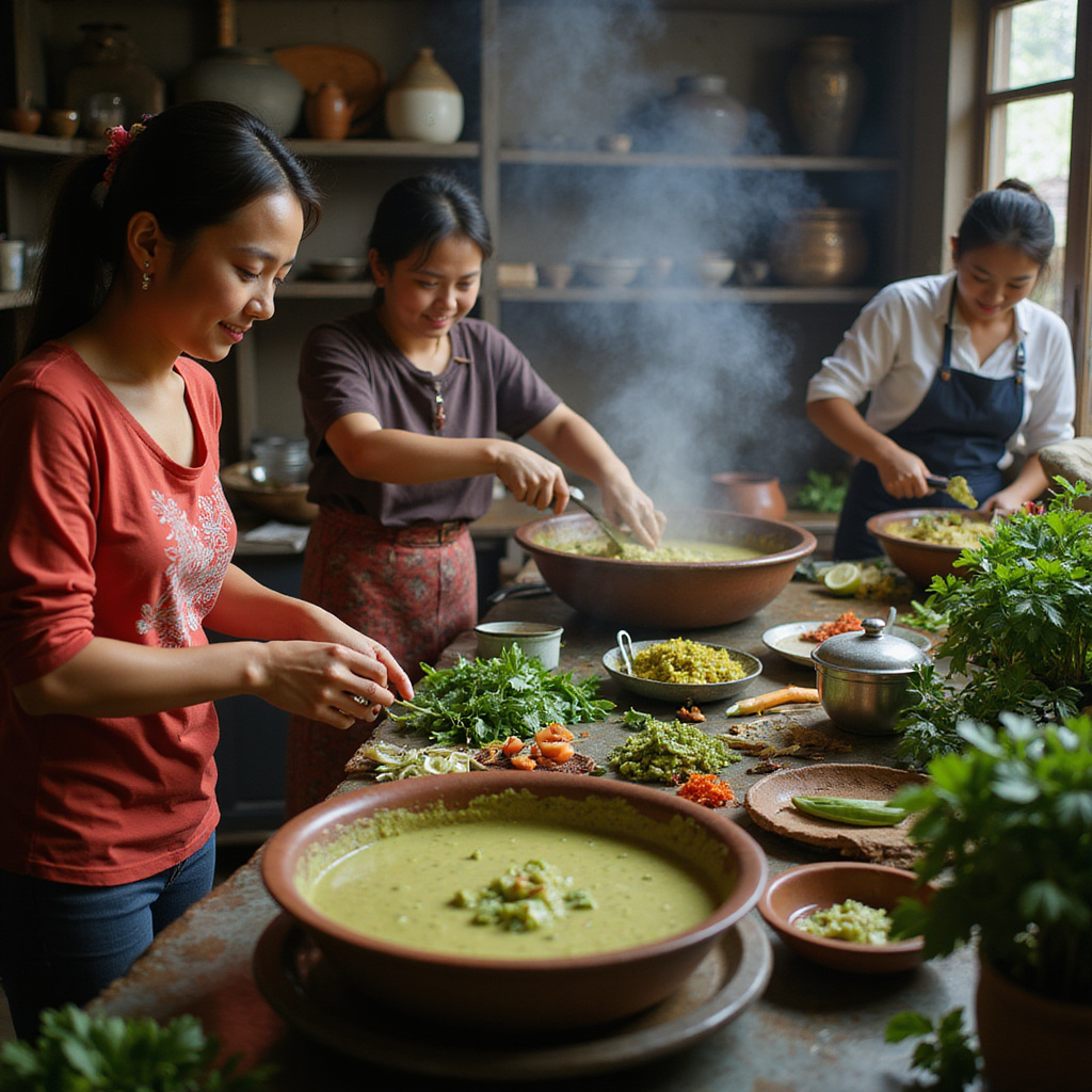 Grupa osób gotujących zielone curry w tradycyjnej kuchni tajskiej