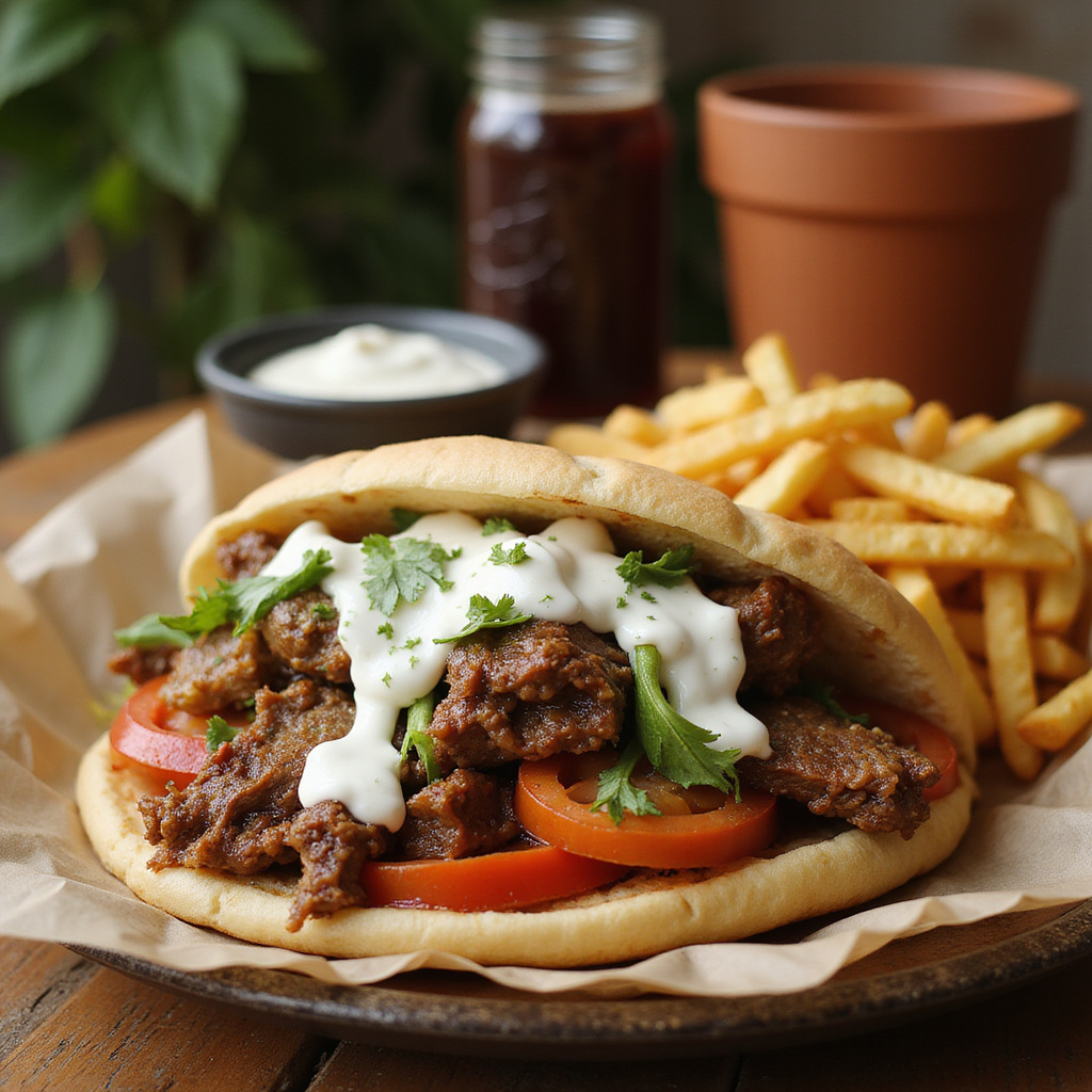 gyros w picie z frytkami i sosem, tradycyjne danie greckie