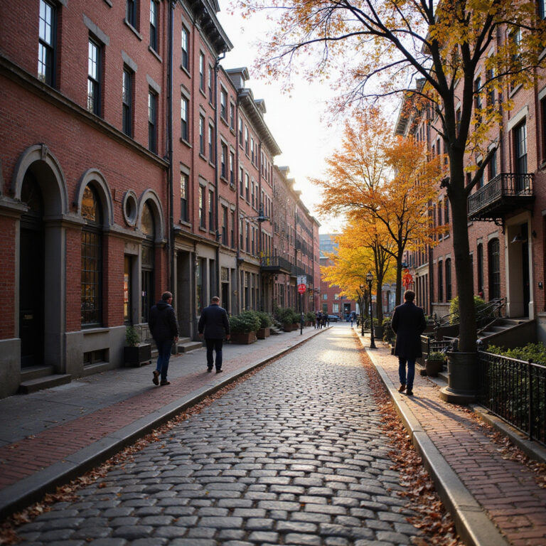 Brukowana ulica w Bostonie przy Freedom Trail z historycznymi budynkami w tle