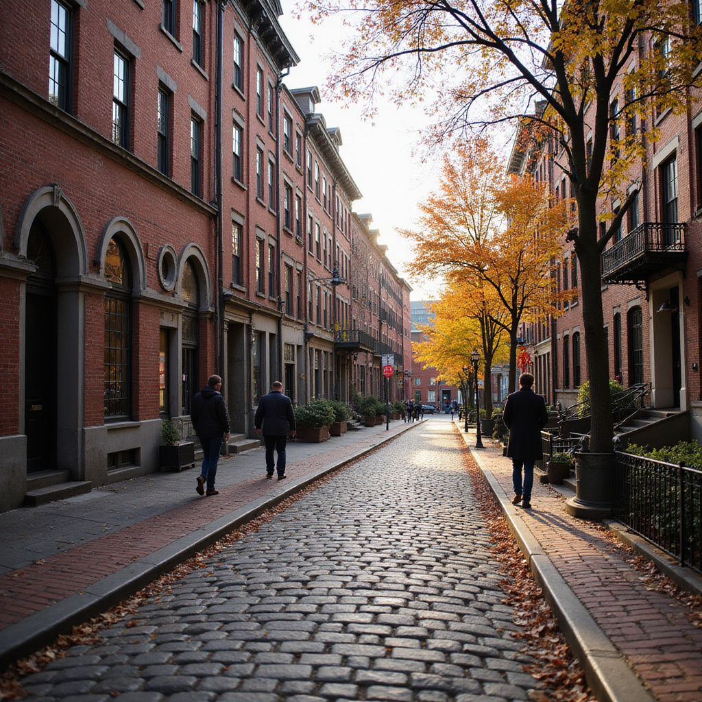 Brukowana ulica w Bostonie przy Freedom Trail z historycznymi budynkami w tle