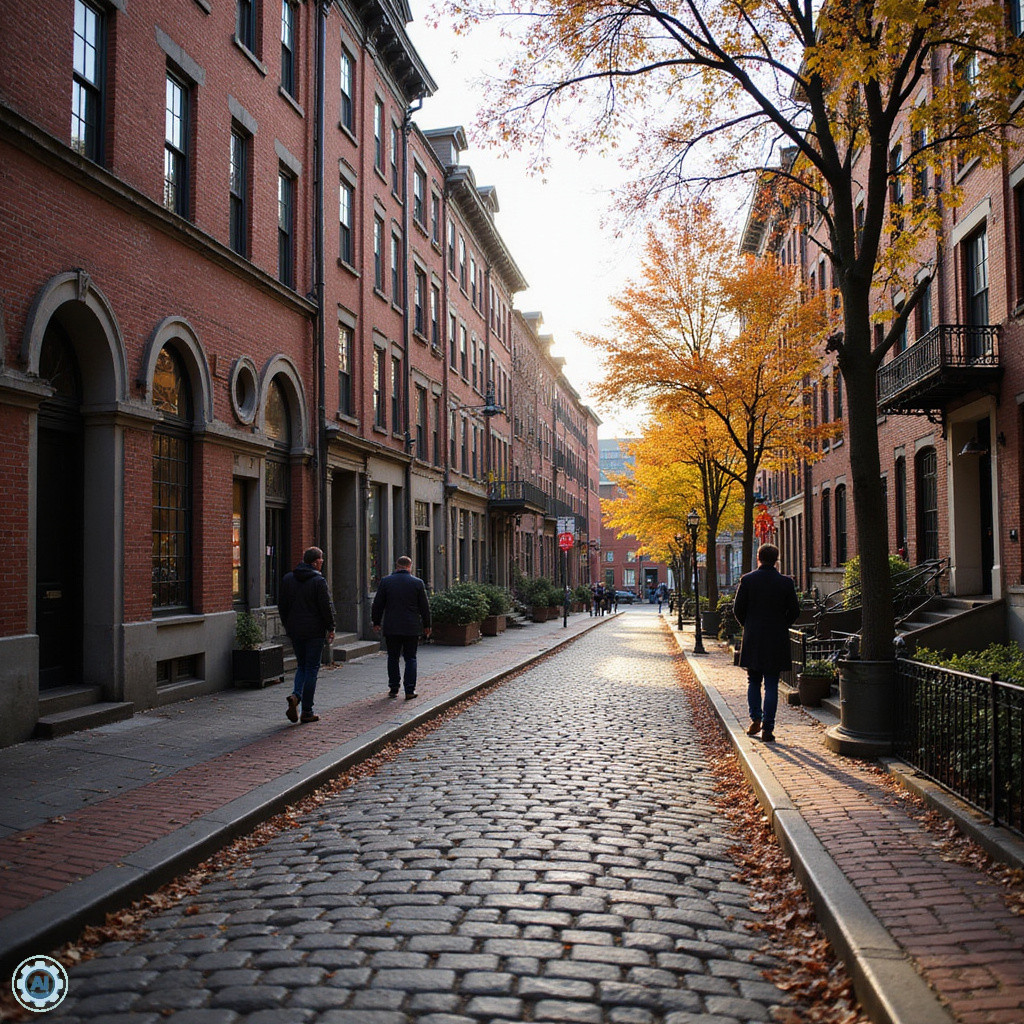 Brukowana ulica w Bostonie przy Freedom Trail z historycznymi budynkami w tle