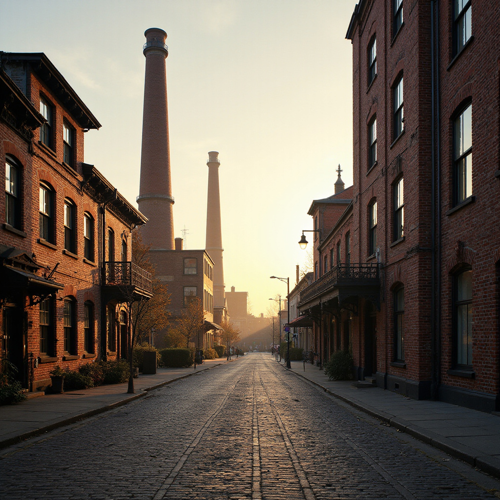 Ulica w Łodzi z zabytkowymi budynkami przemysłowymi i charakterystycznymi kominami