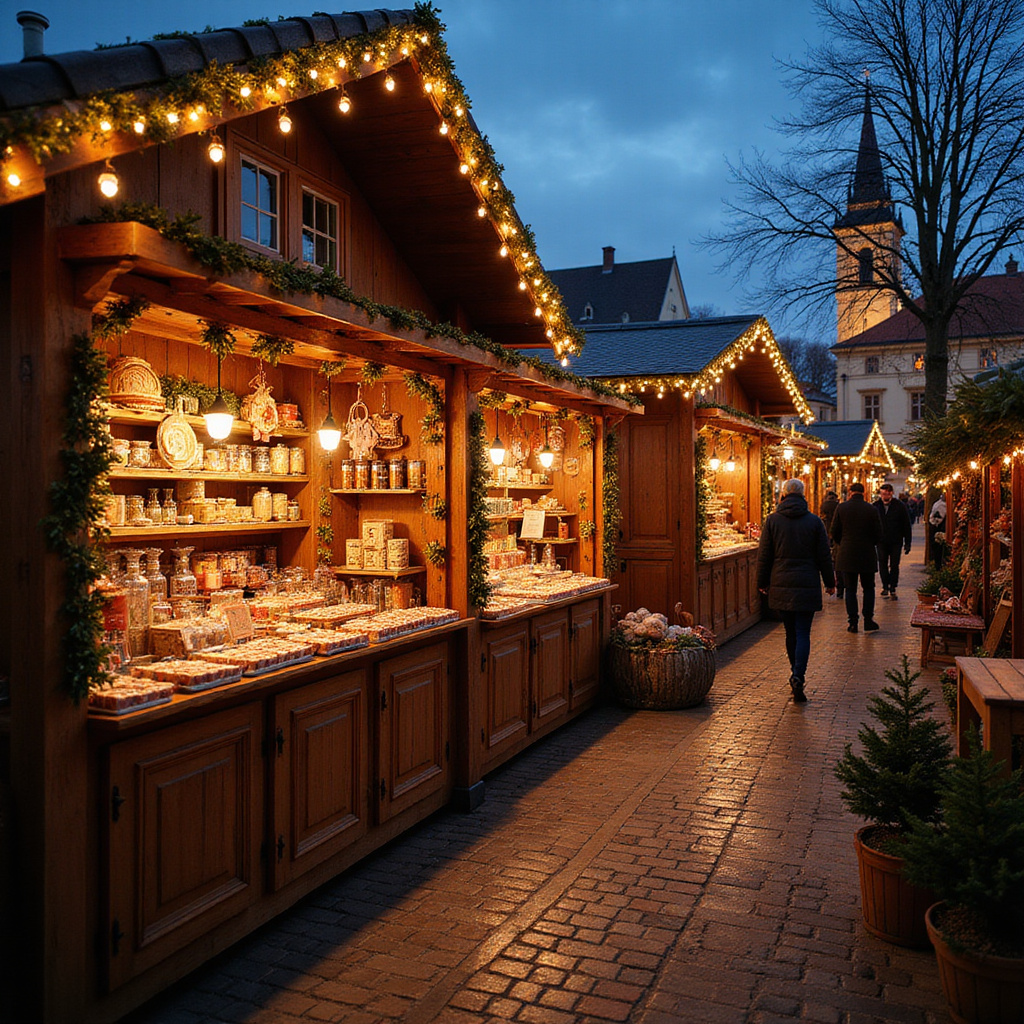 Świąteczny jarmark w Ołomuńcu z drewnianymi budkami i oświetlonym rynkiem