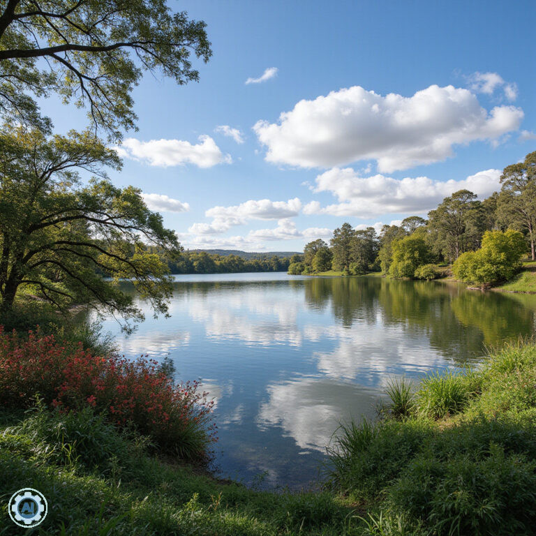 Widok na jezioro Burley Griffin w Canberze z zielonymi terenami wokół