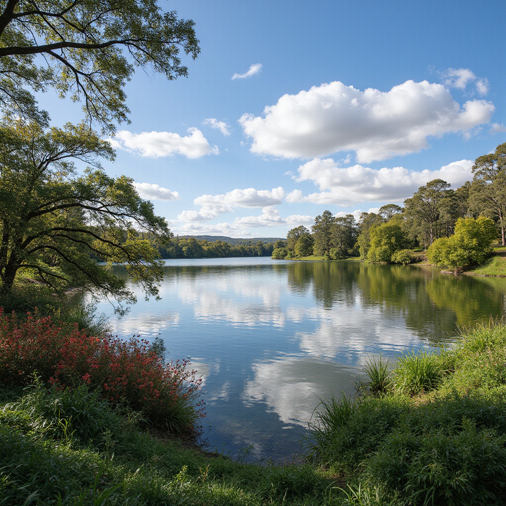 Widok na jezioro Burley Griffin w Canberze z zielonymi terenami wokół