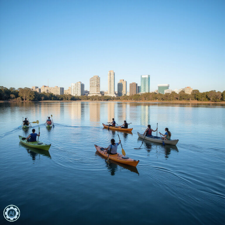 Kajaki na tle panoramy Canberry nad Jeziorem Burley Griffin - aktywny wypoczynek Canberra