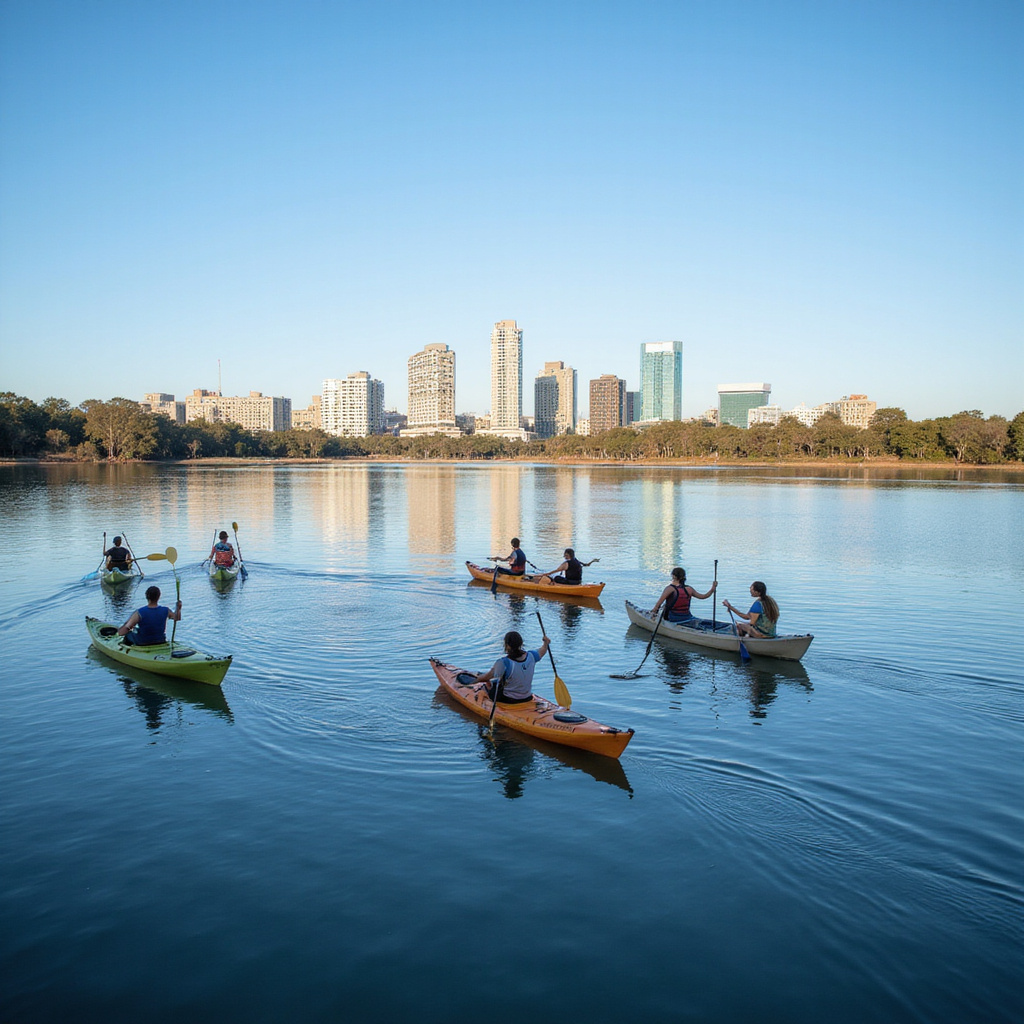 Kajaki na tle panoramy Canberry nad Jeziorem Burley Griffin - aktywny wypoczynek Canberra