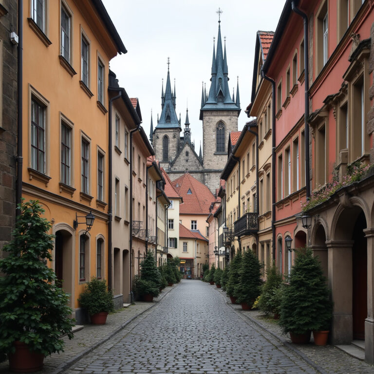 Widok na Katedrę św. Wacława w Ołomuńcu z pobliskiej ulicy, otoczona zabytkowymi kamienicami