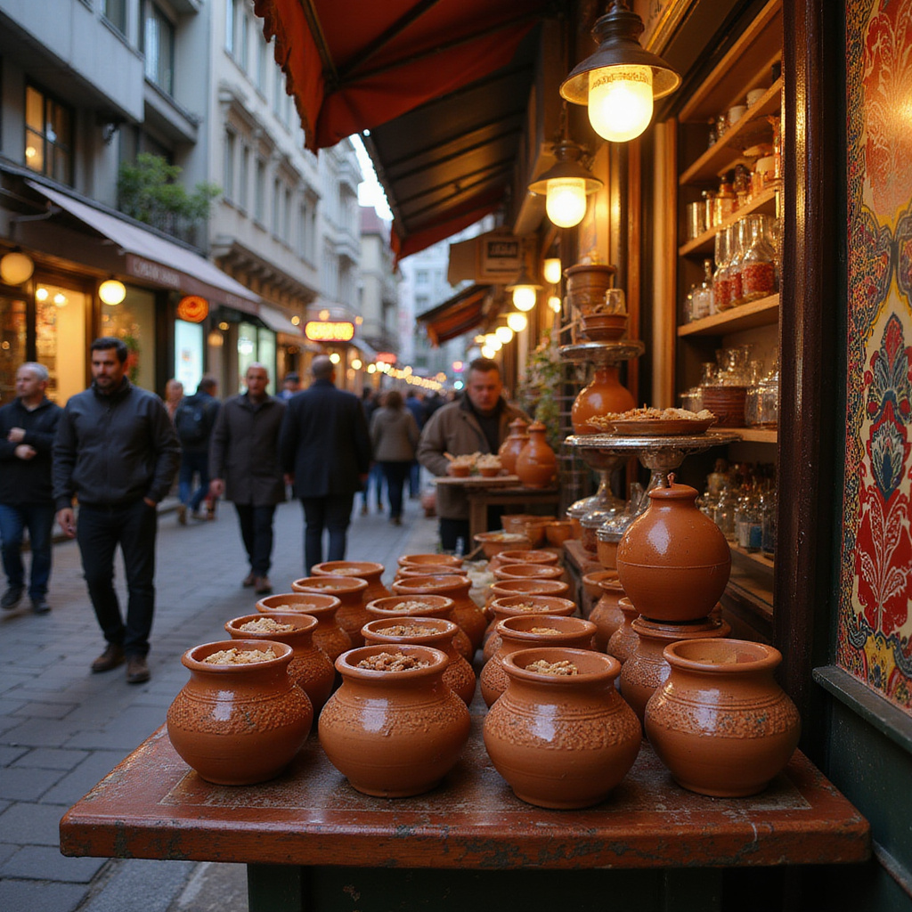 Ulica w Stambule z kawiarnią serwującą Sütlaç w glinianych garnkach