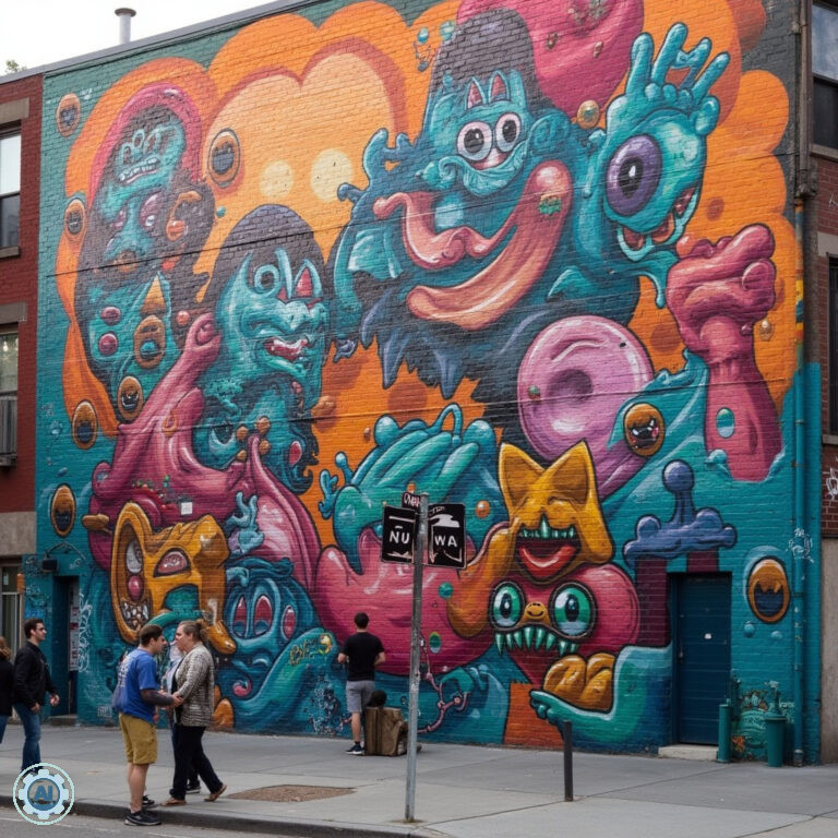 Kolorowe murale na ulicy w Brooklynie przedstawiające street art i lokalną kulturę
