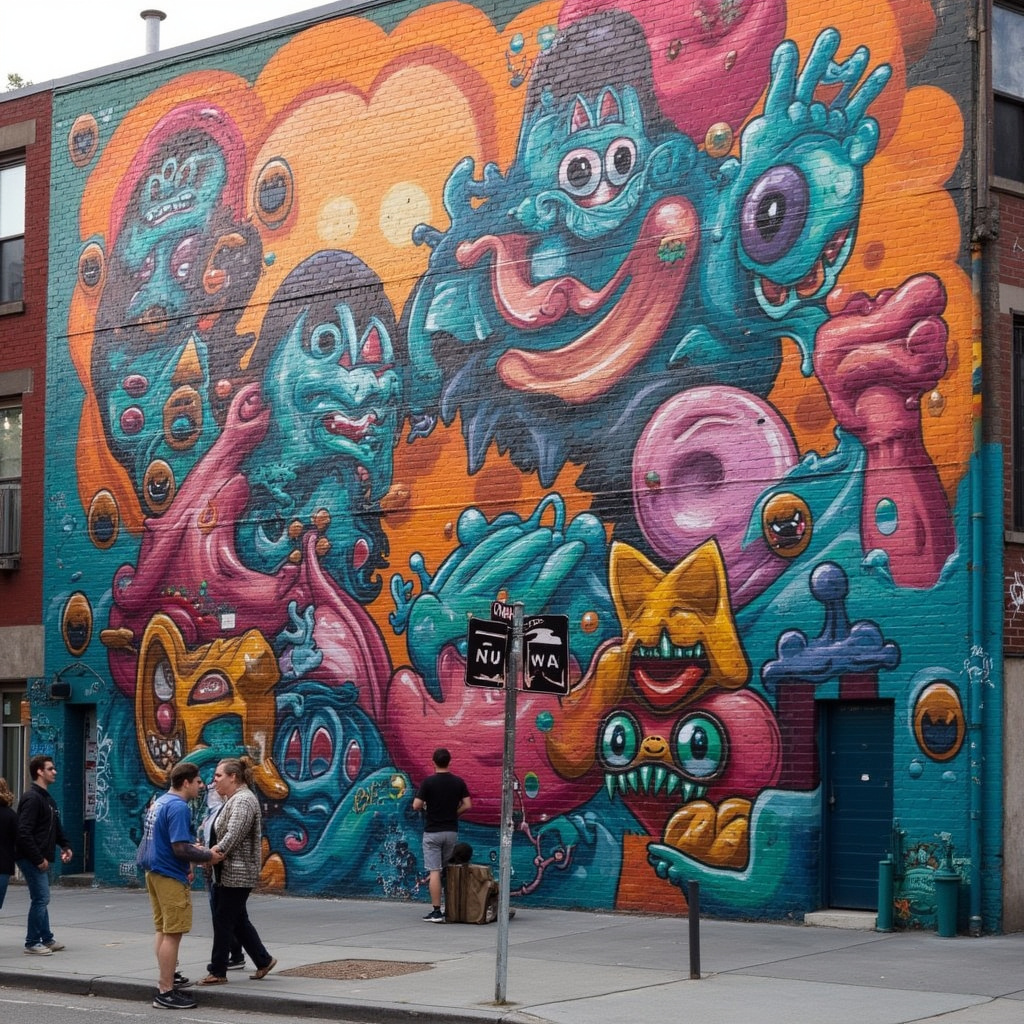 Kolorowe murale na ulicy w Brooklynie przedstawiające street art i lokalną kulturę