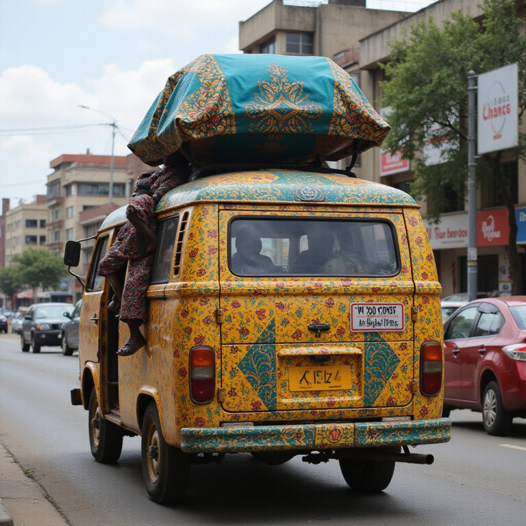 Kolorowy matatu na ulicy w Nairobi, lokalny transport Kenia