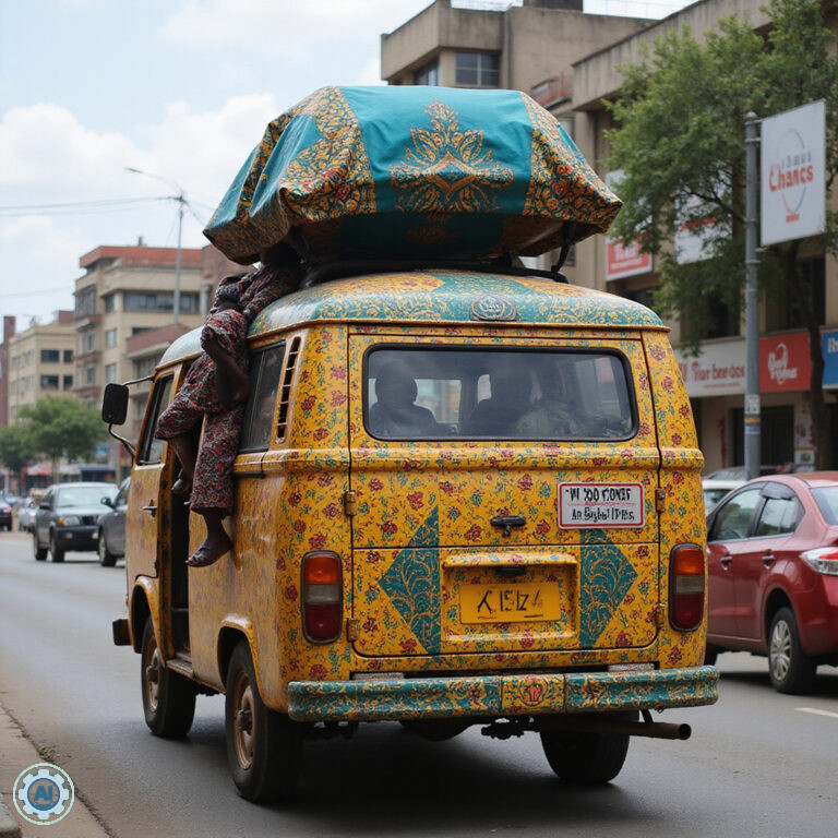 Kolorowy matatu na ulicy w Nairobi, lokalny transport Kenia