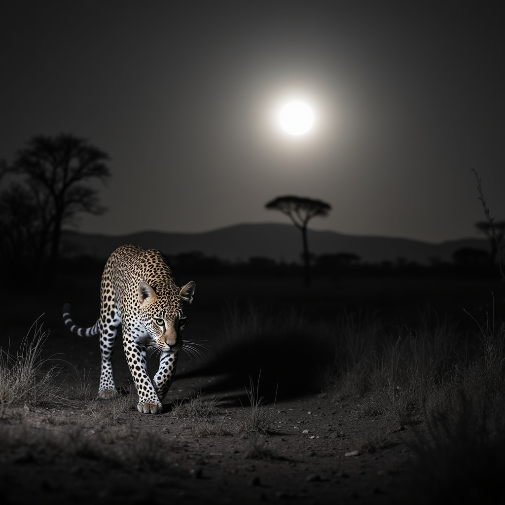 Lampart w nocy na tle afrykańskiej sawanny w Ol Pejeta