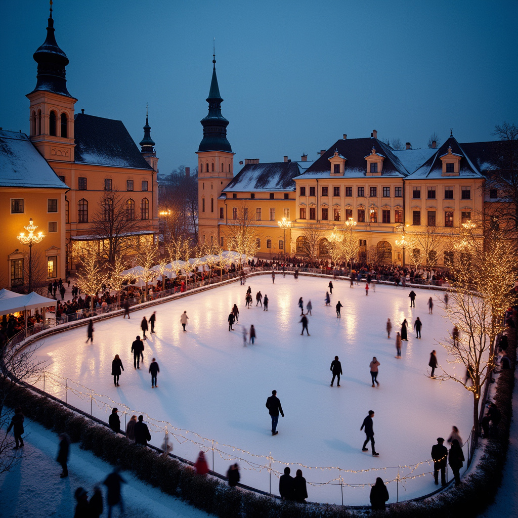 Lodowisko na rynku w Ołomuńcu otoczone zabytkowymi kamienicami