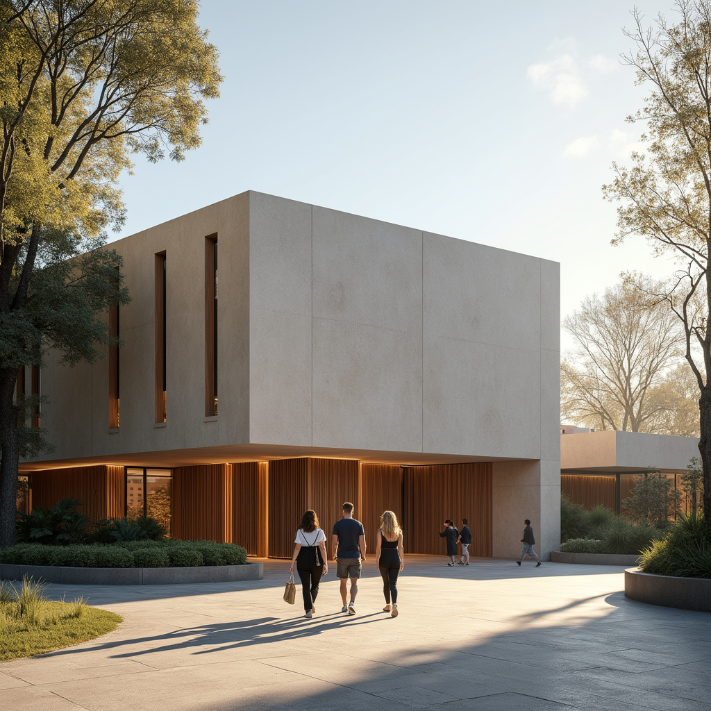 Spacerujący ludzie przed modernistyczną ambasadą w Canberze