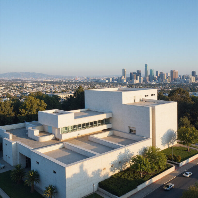 Modernistyczne budynki Getty Center na tle panoramy Los Angeles, architektura Richarda Meiera