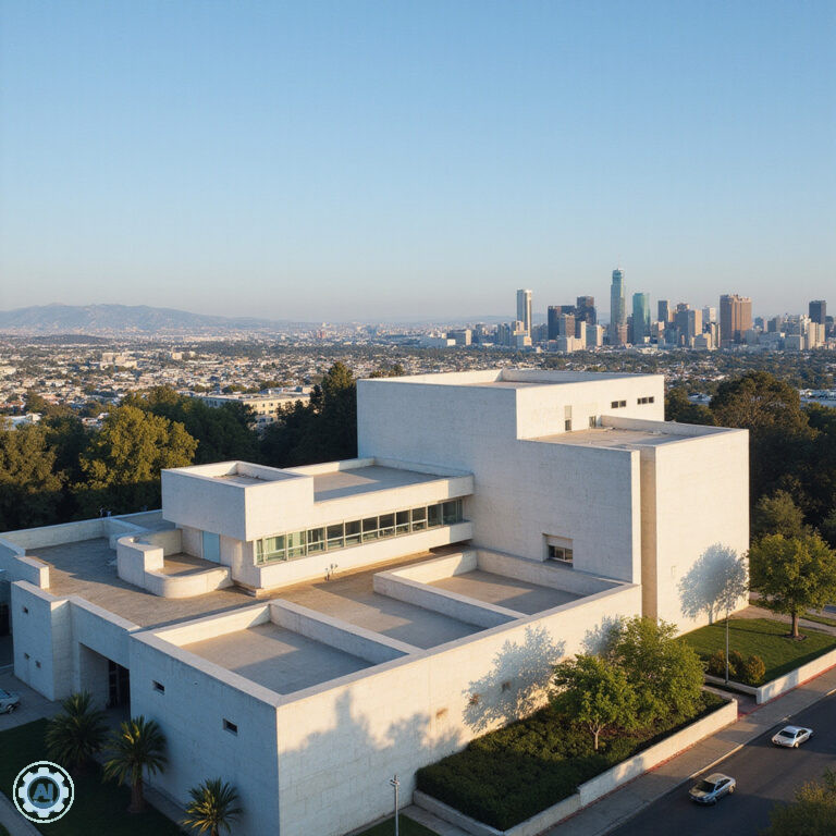 Modernistyczne budynki Getty Center na tle panoramy Los Angeles, architektura Richarda Meiera
