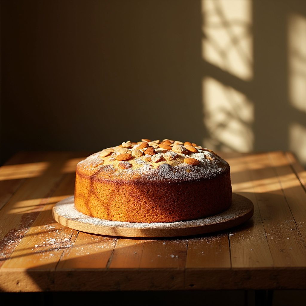 Migdałowe ciasto Morgado de Amêndoa na drewnianym stole w słonecznym świetle